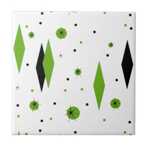 Retro Green Diamonds & Starbursts Ceramic Tile