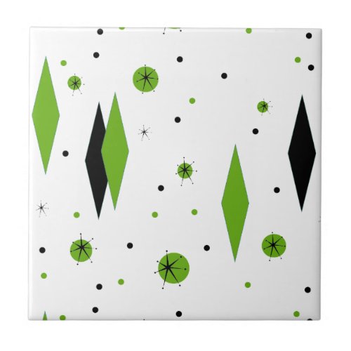 Retro Green Diamonds  Starbursts Ceramic Tile