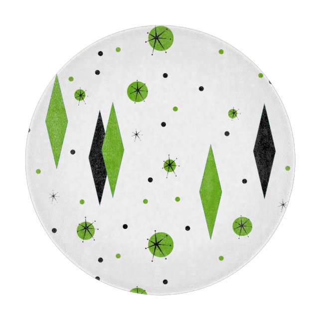 Retro Green Diamonds & Starbursts Cutting Board (Front)