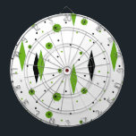 Retro Green Diamonds & Starbursts Dart Board<br><div class="desc">This customizable Retro Green Diamonds and Starbursts Dart Board is a new take on a vintage style. It features kitschy, black starbursts on green polka dots, surrounding geometric, green and black diamond shapes. Customize the background color on this mid century modern product if you're feeling daring, or leave it white...</div>