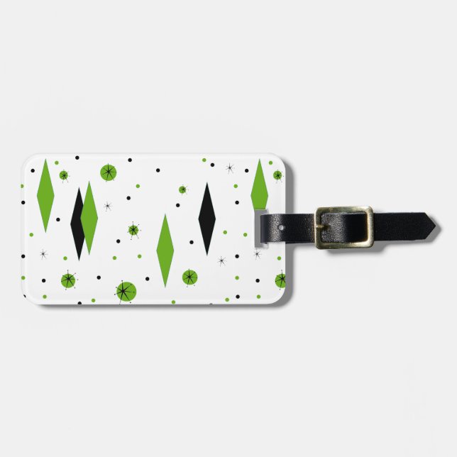 Retro Green Diamonds & Starbursts Luggage Tag (Front Horizontal)