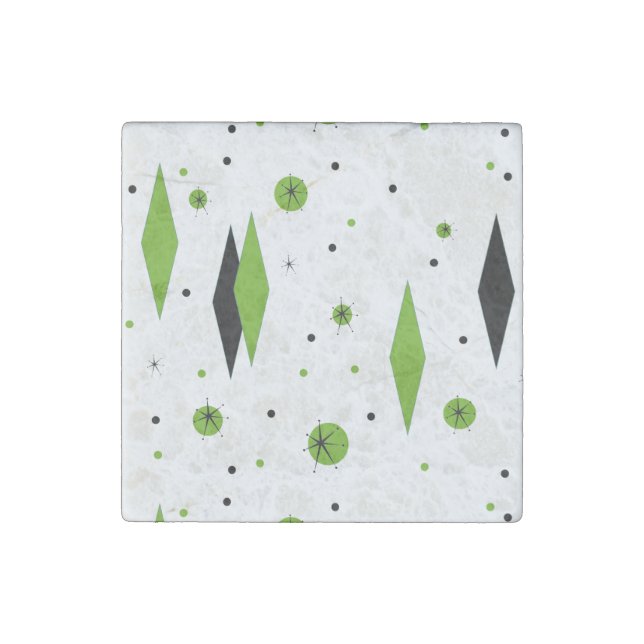 Retro Green Diamonds & Starbursts Marble Magnet (Front)