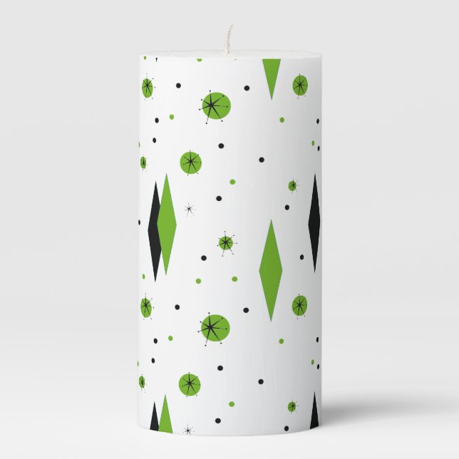 Retro Green Diamonds & Starbursts Pillar Candle (Front)