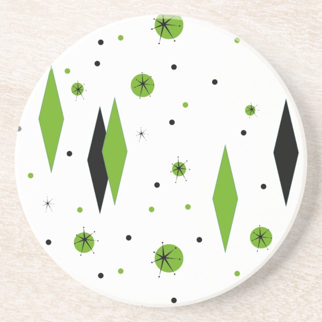 Retro Green Diamonds & Starbursts Sandstone Puzzle Drink Coaster (Front)