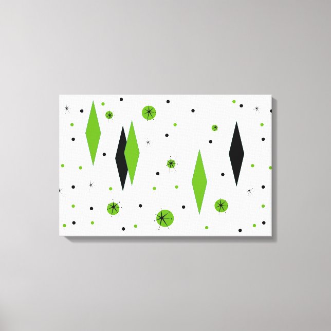 Retro Green Diamonds & Starbursts Stretched Canvas Print (Front)