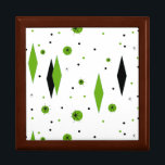 Retro Green Diamonds & Starbursts Tile Gift Box<br><div class="desc">This customizable Retro Green Diamonds and Starbursts Tile Gift Box is a new take on a vintage style. It features kitschy, black starbursts on green polka dots, surrounding geometric, green and black diamond shapes. Customize the background color on this mid century modern product if you're feeling daring, or leave it...</div>