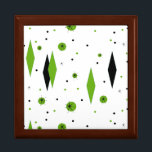 Retro Green Diamonds & Starbursts Tile Gift Box<br><div class="desc">This customizable Retro Green Diamonds and Starbursts Tile Gift Box is a new take on a vintage style. It features kitschy, black starbursts on green polka dots, surrounding geometric, green and black diamond shapes. Customize the background color on this mid century modern product if you're feeling daring, or leave it...</div>