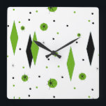 Retro Green Diamonds & Starbursts Wall Clock<br><div class="desc">This customizable Retro Green Diamonds and Starbursts Square Wall Clock is a new take on a vintage style. It features kitschy, black starbursts on green polka dots, surrounding geometric, green and black diamond shapes. Customize the background color on this mid century modern product if you're feeling daring, or leave it...</div>