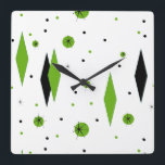 Retro Green Diamonds & Starbursts Wall Clock<br><div class="desc">This customizable Retro Green Diamonds and Starbursts Square Wall Clock is a new take on a vintage style. It features kitschy, black starbursts on green polka dots, surrounding geometric, green and black diamond shapes. Customize the background color on this mid century modern product if you're feeling daring, or leave it...</div>