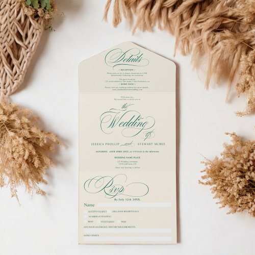 Retro green elegant script calligraphy wedding all in one invitation