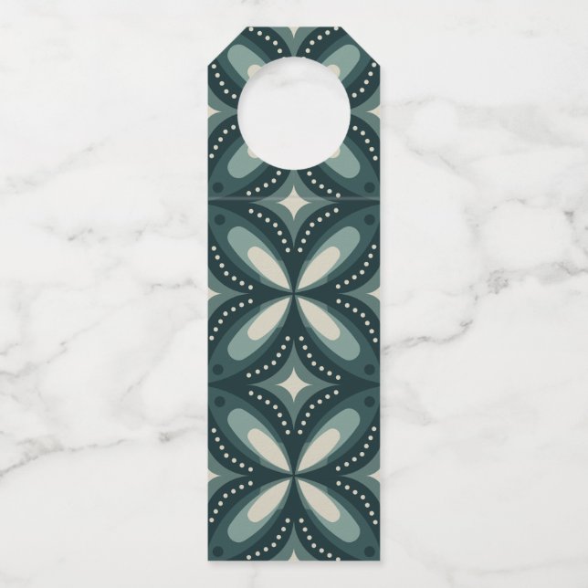 Retro Green Geometric Pattern Bottle Hanger Tag (Front)
