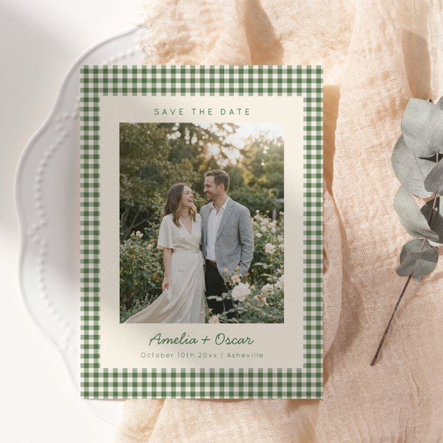 Retro Green Gingham Plaid Pattern Photo Wedding Save The Date (Creator Uploaded)