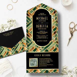 Retro Green Gold Marble Art Deco QR Code Wedding All In One Invitation