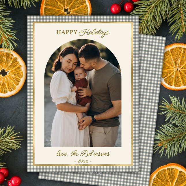 Retro Green Gold Plaid Arch Photo Christmas Happy  Holiday Card (Creator Uploaded)