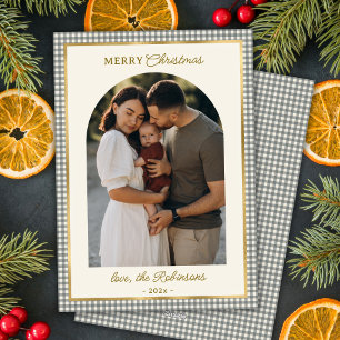 Retro Green Gold Plaid Arch Photo Merry Christmas Holiday Card