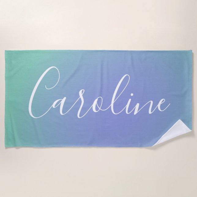 Retro Green Gradient | Personalized Script Name Beach Towel (Front)