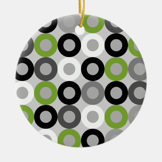 Retro Green Grey Black Mid Century Geometric Rings Ceramic Ornament (Front)