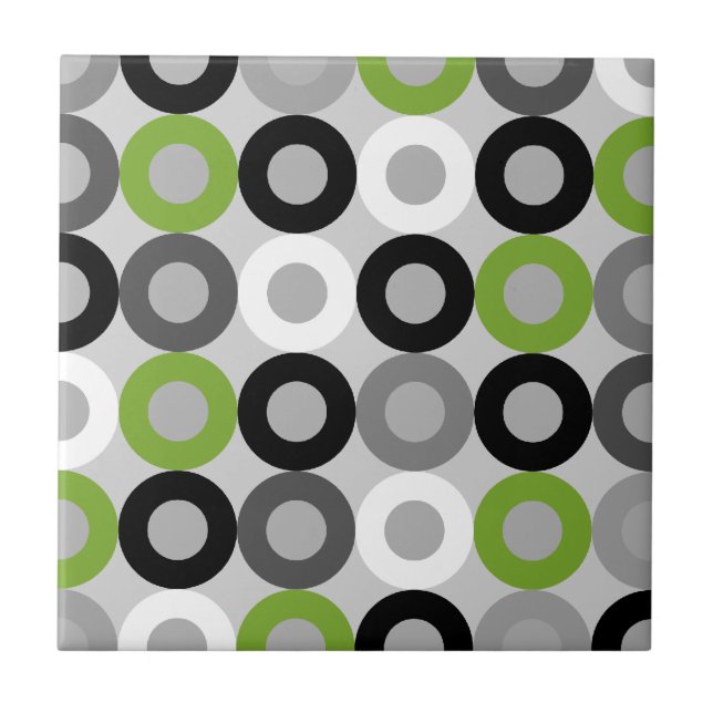 Retro Green Grey Black Mid Century Geometric Rings Ceramic Tile (Front)