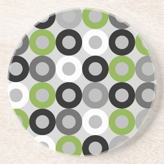 Retro Green Grey Black Mid Century Geometric Rings Coaster (Front)