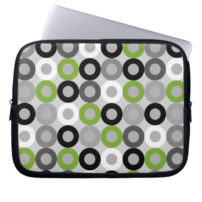 Retro Green Grey Black Mid Century Geometric Rings Laptop Sleeve (Front)