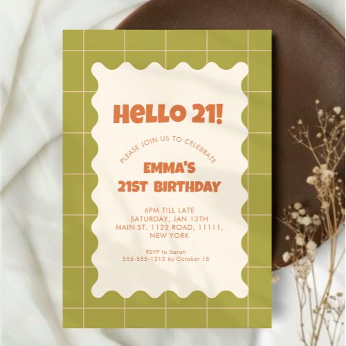 Retro Green Groovy Checker Pattern Birthday Party Invitation