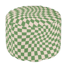 Retro Green Groovy Warped Check Checkered  Pouf