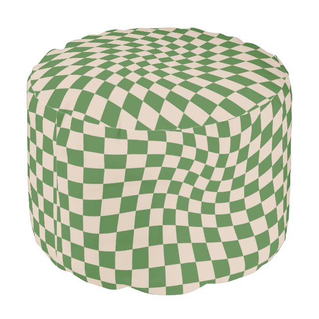 Retro Green Groovy Warped Check Checkered  Pouf (Angled Back)
