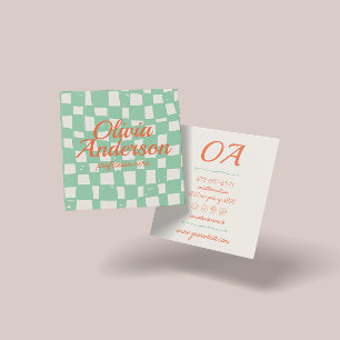 Retro Green Hand Drawn Checkered Groovy Bold Square Business Card