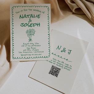 Retro Green Hand Drawn Quirky QR Code Wedding Invitation