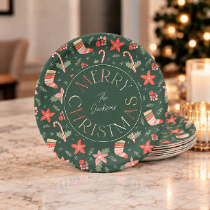 Retro Green Holiday Merry Christmas Paper Plates