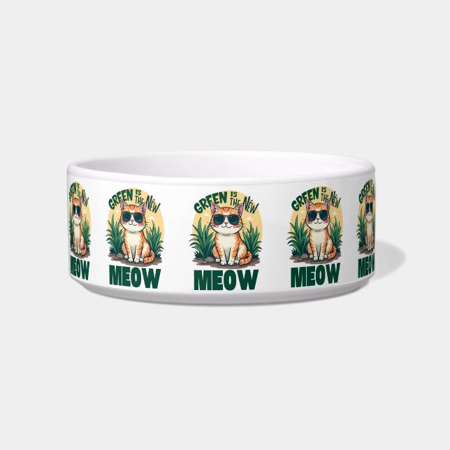 Retro "Green Is The New Meow" Cool Cat Nature Art Bowl (Front)