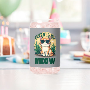 Retro "Green Is The New Meow" Cool Cat Nature Art Can Glass