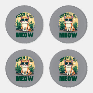 Retro "Green Is The New Meow" Cool Cat Nature Art Coaster Set