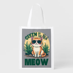 Retro "Green Is The New Meow" Cool Cat Nature Art Grocery Bag