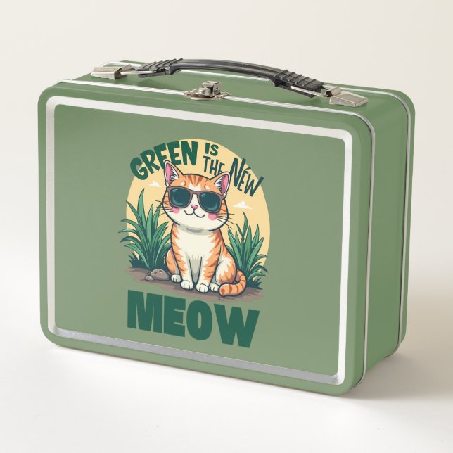 Retro "Green Is The New Meow" Cool Cat Nature Art Metal Lunch Box (Front)
