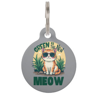 Retro "Green Is The New Meow" Cool Cat Nature Art Pet ID Tag
