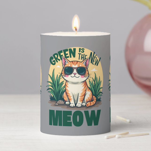 Retro "Green Is The New Meow" Cool Cat Nature Art Pillar Candle (In Situ)