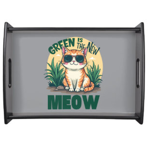 Retro "Green Is The New Meow" Cool Cat Nature Art Serving Tray