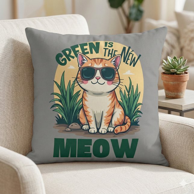 Retro "Green Is The New Meow" Cool Cat Nature Art Throw Pillow (Retro Green Is The New Meow Cool Cat Nature Art Throw Pillow Mockup A)