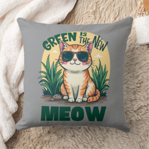 Retro "Green Is The New Meow" Cool Cat Nature Art Throw Pillow