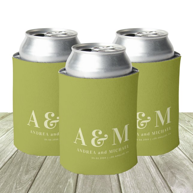 Retro Green & Ivory Monogram Wedding Can Cooler (Creator Uploaded)