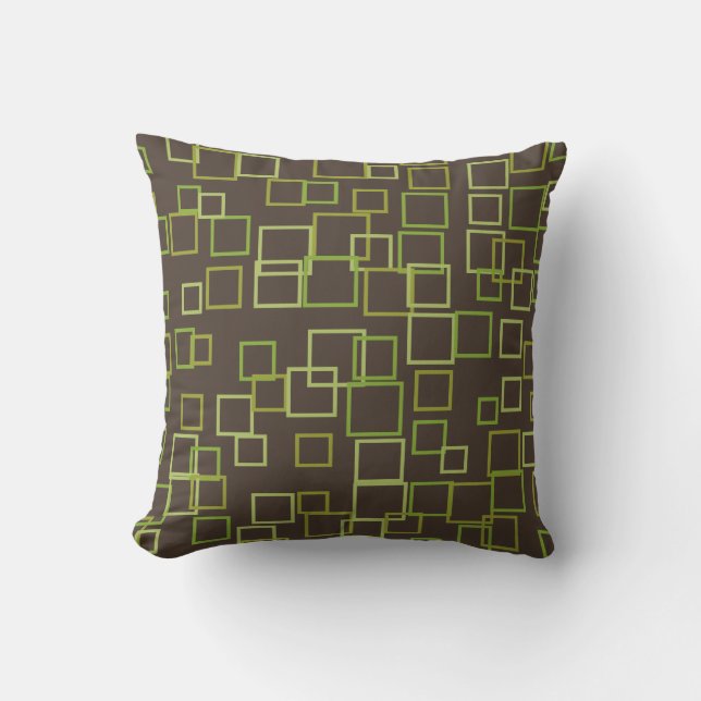 Retro Green Lime Brown Squares Throw Pillow (Front)