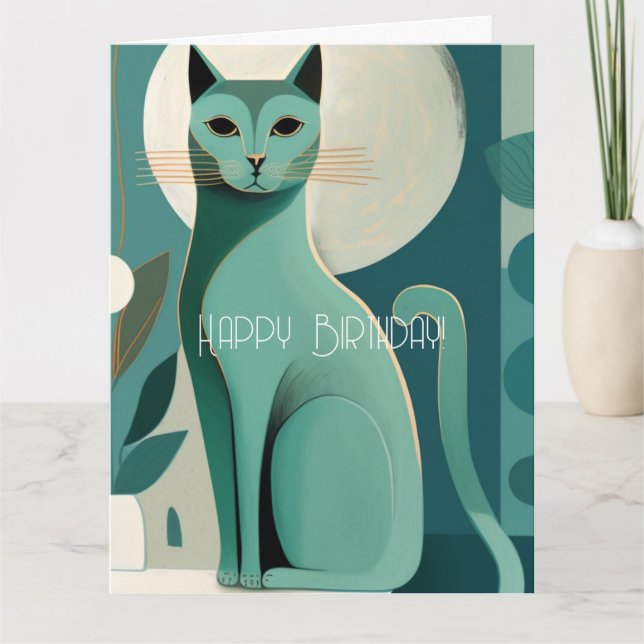 Retro Green Mid Century Cat Happy Birthday Card (Front)