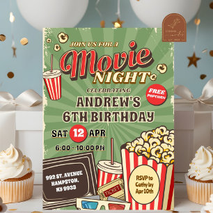 Retro Green Movie Night Outdoor Birthday Invitation