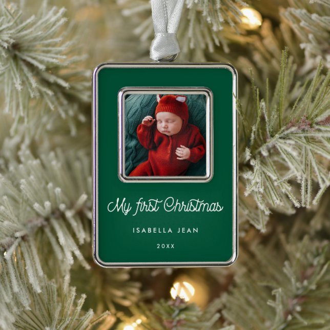 Retro Green My First Christmas Baby Photo Christmas Ornament (Tree)