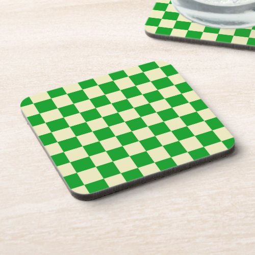 Retro Green Off White Checks Checkerboard Pattern Beverage Coaster