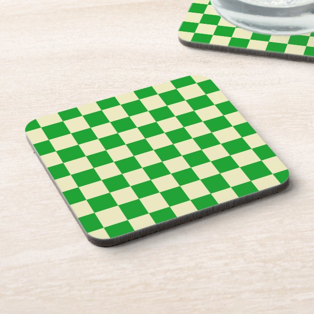 Retro Green Off White Checks Checkerboard Pattern Beverage Coaster (Left Side)