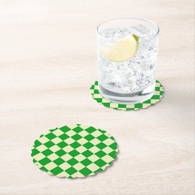 Retro Green Off White Checks Checkerboard Pattern Paper Coaster (Insitu)