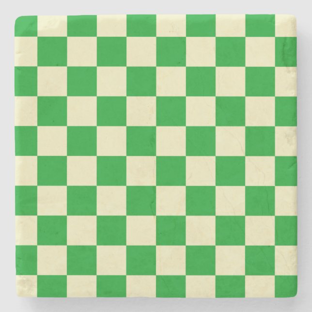 Retro Green Off White Checks Checkerboard Pattern Stone Coaster (Front)