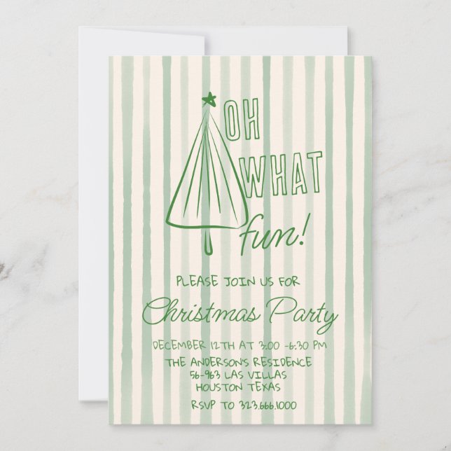 Retro Green Oh What Fun Christmas Drawn Tree Party Invitation (Front)